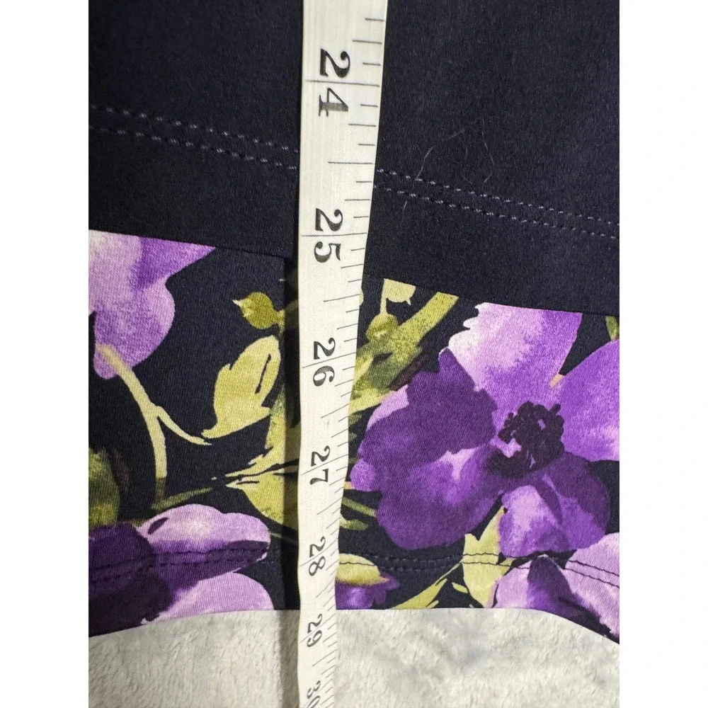 Susan Graver Navy Blue Floral Trim Long Sleeve Top Gold Button Detail Large
